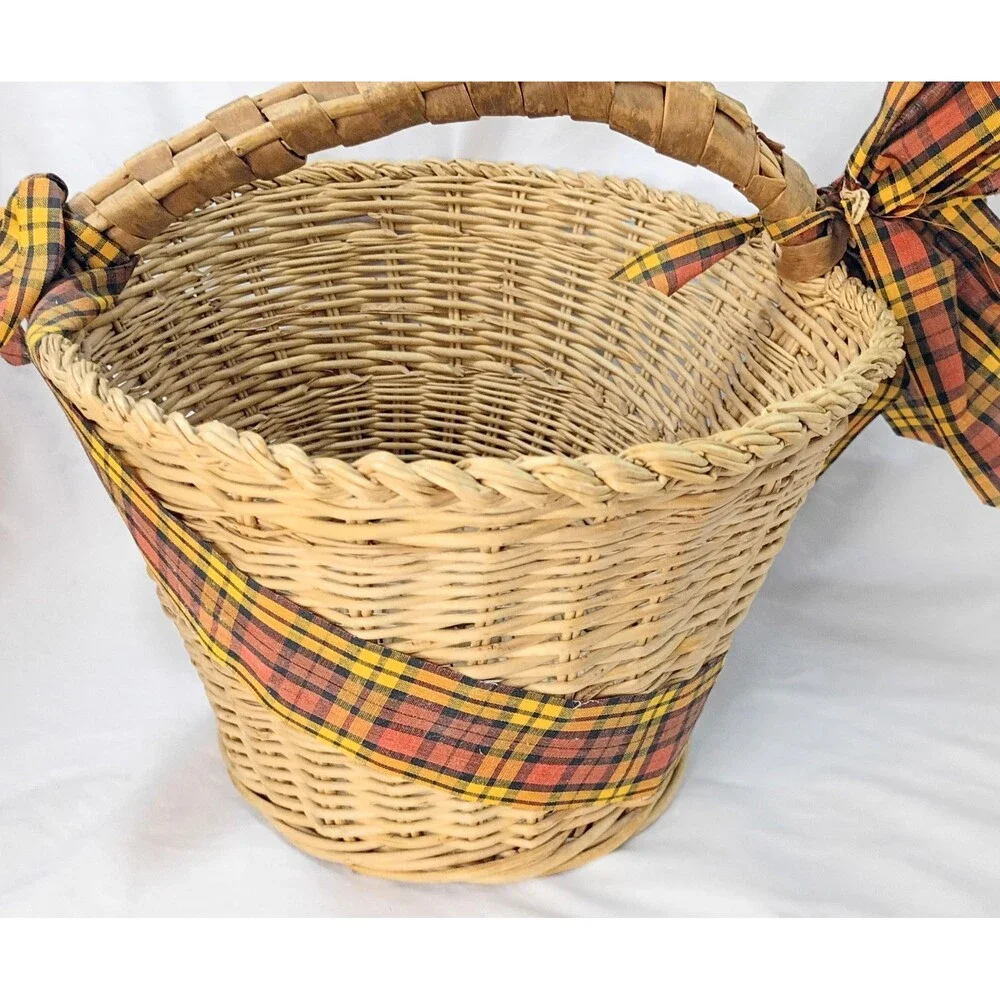 Vintage Oval Wicker Basket with Rustic Handle and Yellow/Orange Plaid Ribbon
